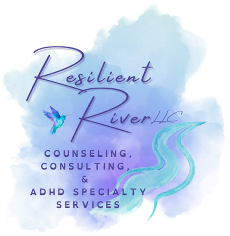 Logo for "Resilient River HC" featuring purple text, a small blue and green hummingbird, flowing river lines, and a blue watercolor background. It reads: Counseling, Consulting, & ADHD Specialty Services.